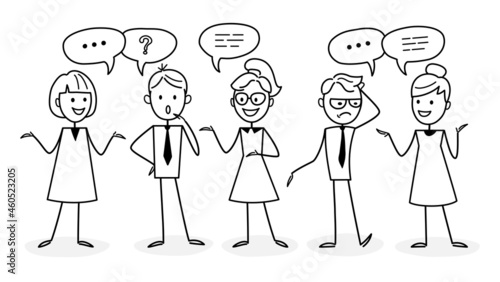 Men and women working, negotiating and discussing issues, solve problems, developing ideas, taking part in business activities. Teamwork. Concept for web design. The outline of a vector illustration. 