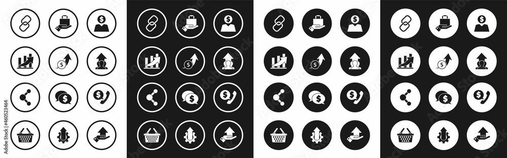 Set Business man planning mind, Financial growth and coin, Chain link, Growth chart progress people crowd, Hand paper shopping bag, Telephone handset speech bubble chat and Share icon. Vector