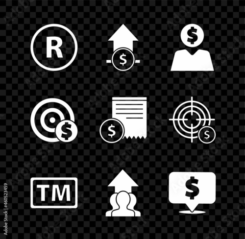 Set Registered Trademark  Business man planning mind  Growth chart progress people crowd  Speech bubble with dollar  Target symbol and Paper check financial check icon. Vector