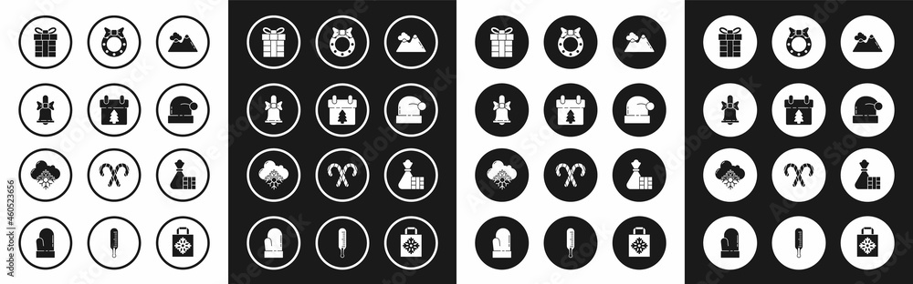 Set Mountains, Calendar, Merry Christmas ringing bell, Gift box, Santa Claus hat, wreath, and bag and Cloud with snow icon. Vector Set Mountains, Calendar, Merry Christmas ringing bell, Gift box, Santa Claus hat, wreath, and bag and Cloud with snow icon. Vector