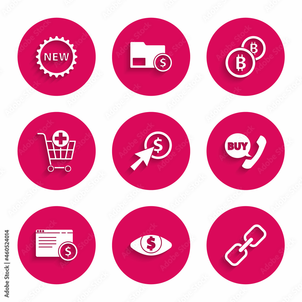 Set Cursor and coin, Eye with dollar, Chain link, Phone speech bubble Buy, Online shopping screen, Add to Shopping cart, Cryptocurrency Bitcoin and Price tag New icon. Vector Set Cursor and coin, Eye with dollar, Chain link, Phone speech bubble Buy, Online shopping screen, Add to Shopping cart, Cryptocurrency Bitcoin and Price tag New icon. Vector