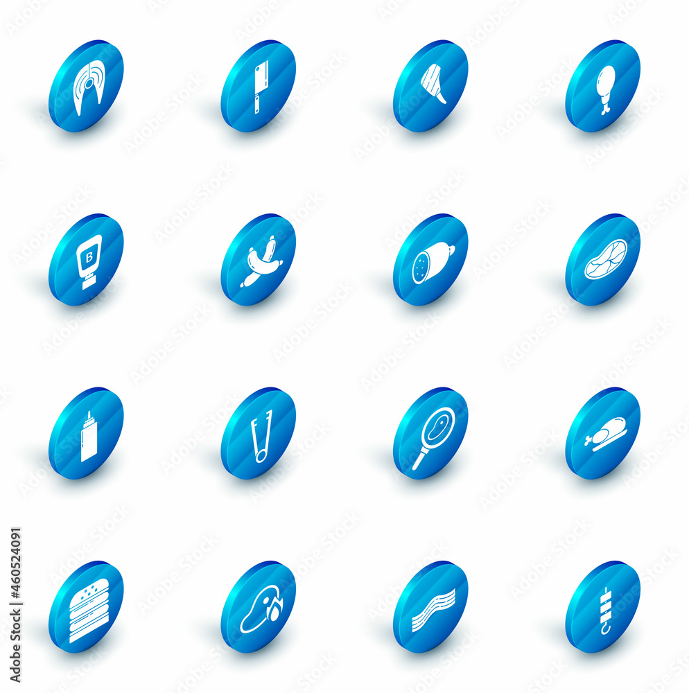 Set Meat chopper, Rib eye steak, Chicken leg, Sauce bottle, Crossed sausage, Steak meat and Salami icon. Vector