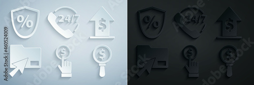 Set Hand holding coin, Financial growth, Cursor click document folder, Magnifying glass dollar, Telephone 24 hours support and Loan percent icon. Vector