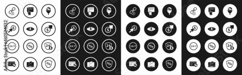 Set Lead management, Eye with dollar, Cursor and coin, Chain link, Financial growth, Online shopping on screen, Shield and Clock 24 hours icon. Vector