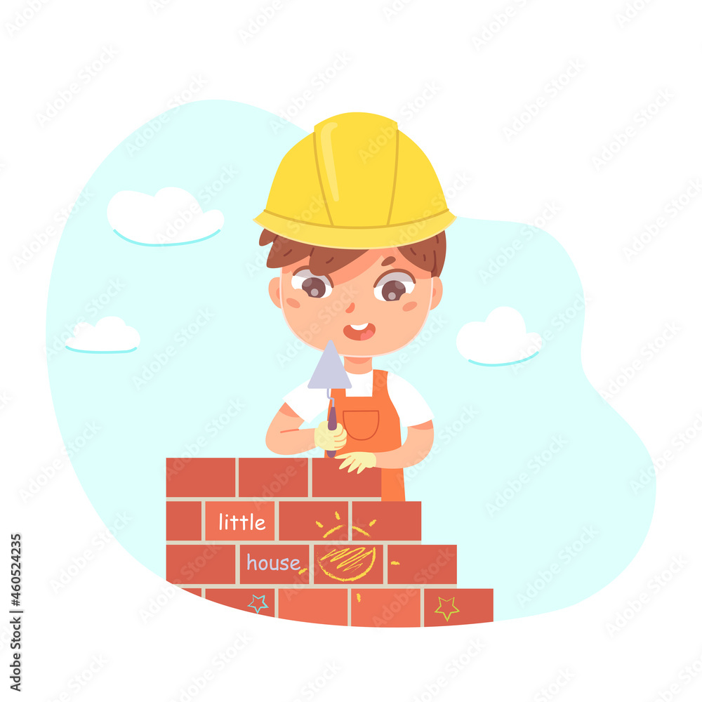Kid builder working on building construction, cute worker boy in helmet holding trowel Kid builder working on building construction, cute worker boy in helmet holding trowel