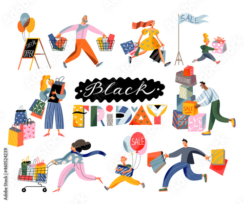 Black friday sales, crazy shopaholic family people run to shop for discounts in stores