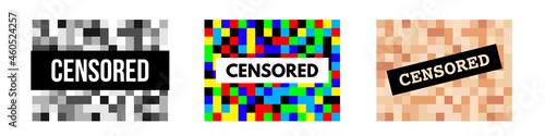 Censor pixel bar set with censored word, mosaic signs of black grey, skin or random color