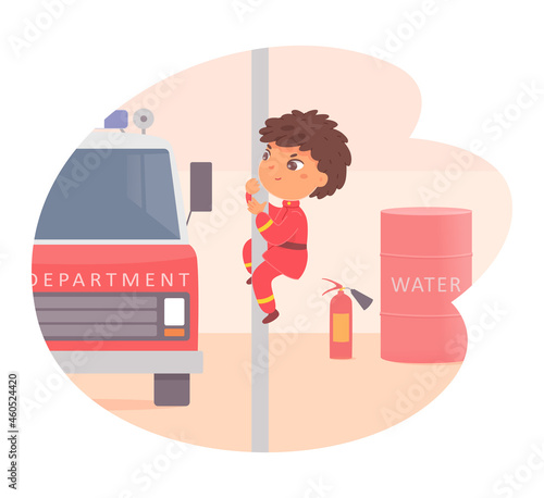 Emergency fire department, boy fireman on fire station pole, firefighter in hurry