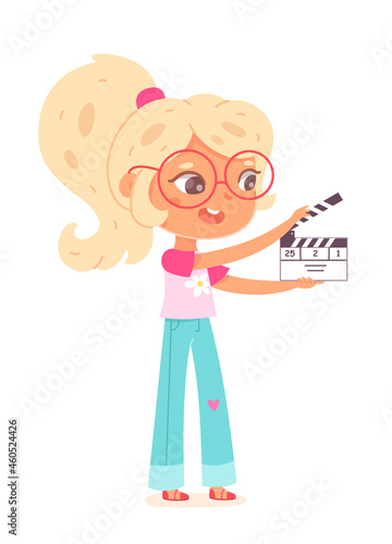 Movie director kid making cinema film, girl filmmaker in glasses holding clapperboard