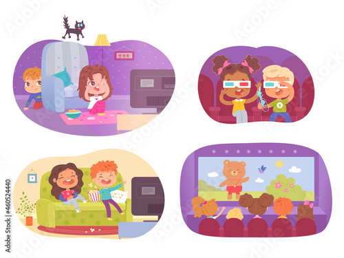 Kids watching movies at home and at cinema set. Little boys and girls watch film on television or theatre screen vector illustration. Leisure and entertainment in childhood