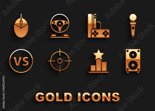 Set Target sport, Joystick for arcade machine, Stereo speaker, Star, VS Versus battle, Game console with joystick, Computer mouse gaming and Racing simulator cockpit icon. Vector