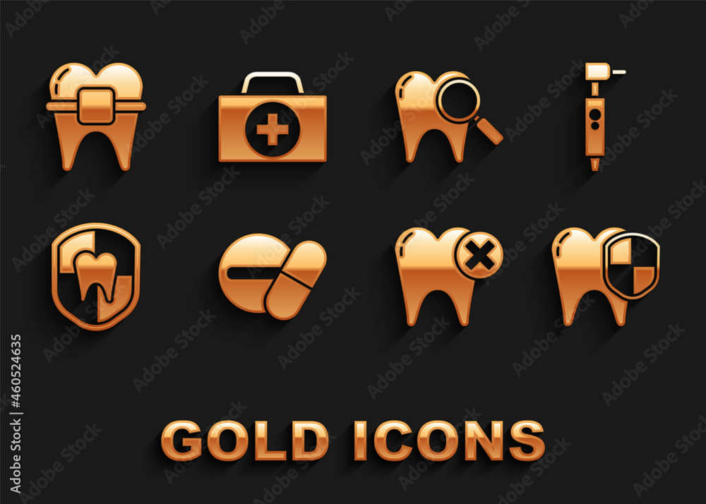 Set Medicine pill or tablet, Tooth drill, Dental protection, with caries, search, Teeth braces and First aid kit icon. Vector Set Medicine pill or tablet, Tooth drill, Dental protection, with caries, search, Teeth braces and First aid kit icon. Vector