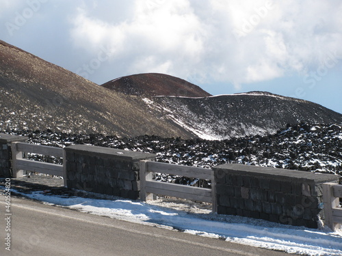 Sicily. The extinct volcano Etna. This is what the slopes look like after a lava eruption. Roads and communications have been built.   Now the volcano is calm. 