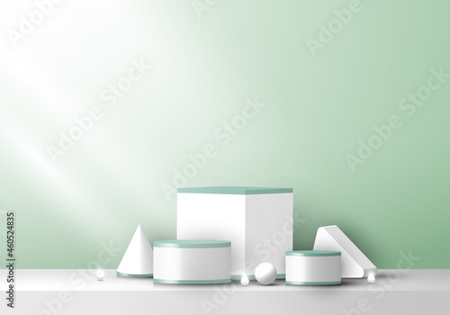 Set of 3D geometric object display white and green on green background with neon lighting