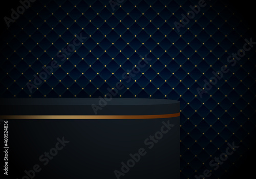 3D realistic white and gold pedestal cylinder product shelf on blue geometric squares pattern design