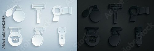 Set Hairdresser pistol spray bottle, dryer, Barbershop, Electrical hair clipper or shaver, Shaving razor and Aftershave with atomizer icon. Vector