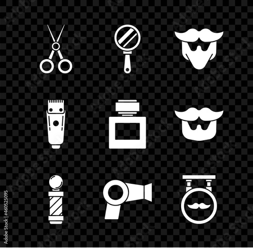Set Scissors hairdresser, Hand mirror, Mustache beard, Classic Barber shop pole, Hair dryer, Barbershop, Electrical clipper shaver and Aftershave icon. Vector