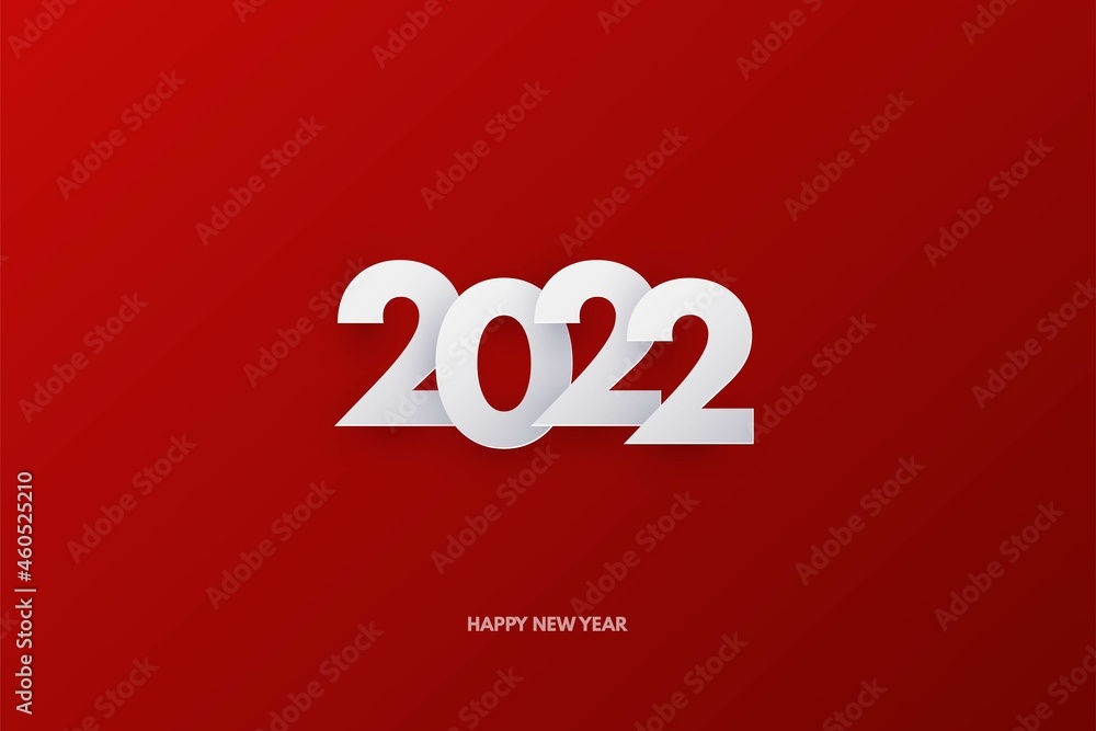 Happy new year 2022 background. White paper numers on celebration flyer. Greeting festive card vector illustration. Merry holiday modern poster or wallpaper design on red background Happy new year 2022 background. White paper numers on celebration flyer. Greeting festive card vector illustration. Merry holiday modern poster or wallpaper design on red background