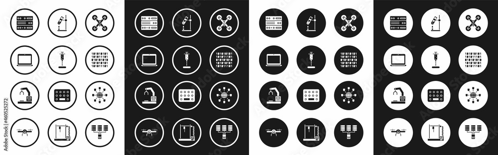 Set Drone flying, Syringe, Laptop, Server, Data, Web Hosting, Binary code, Test tube flask fire, Social network and Robotic robot arm hand factory icon. Vector Set Drone flying, Syringe, Laptop, Server, Data, Web Hosting, Binary code, Test tube flask fire, Social network and Robotic robot arm hand factory icon. Vector