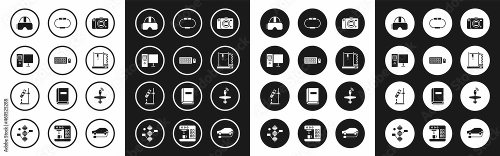 Set Mirrorless camera, Keyboard and mouse, Computer monitor, Virtual reality glasses, 3D printer, Smartwatch, UAV Drone and Test tube flask fire icon. Vector