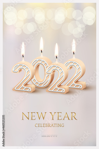 2022 New Year holiday party celebrating, realistic greeting card with 2022 candle numbers