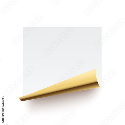Paper sticker with curl golden corner vector illustration. Sticker blank page leaf with curved rolled glossy gold edge, empty flip document, template design element isolated on white.