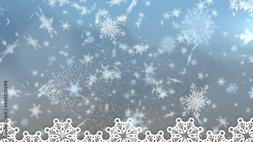 Digital animation of snowflakes falling against spot of light on blue background Digital animation of snowflakes falling against spot of light on blue background