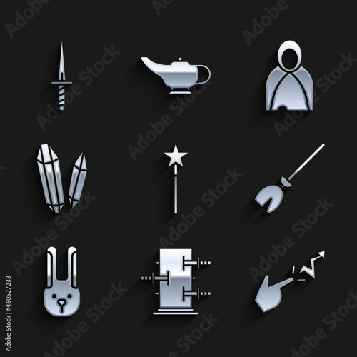 Set Magic wand, Trunk for magic tricks, Spell, Witches broom, Rabbit with ears, stone, Mantle, cloak, cape and Dagger icon. Vector