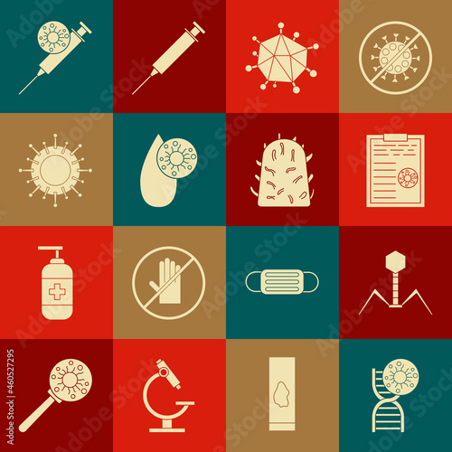 Set DNA symbol and virus, Bacteria bacteriophage, Clipboard with blood test results, Virus, Blood, Syringe and Rabies icon. Vector