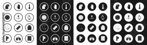 Set Medical thermometer, Bacteria bacteriophage, Virus, Bottle with virus, Microscope, rubber gloves, Medicine bottle and pills and Stethoscope icon. Vector