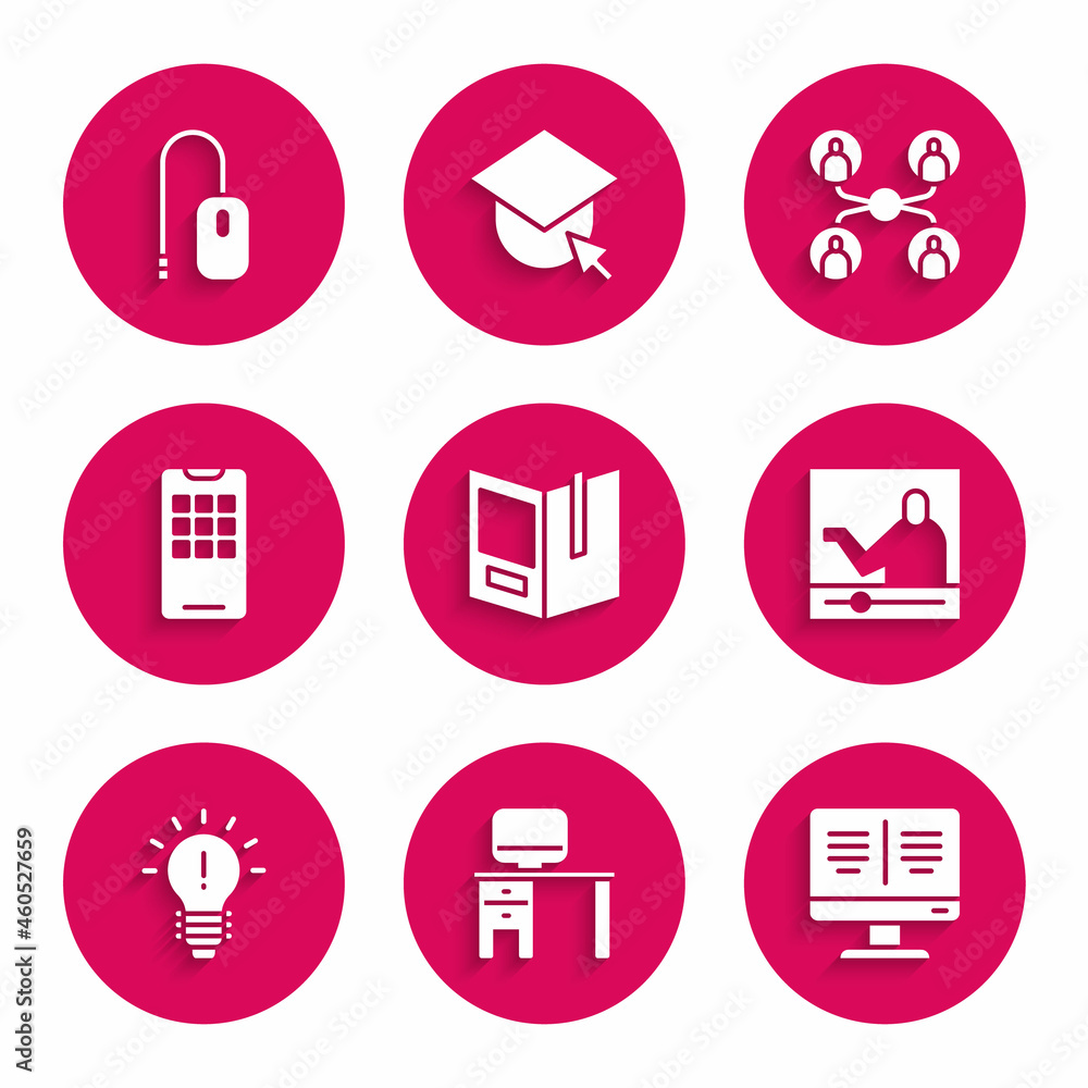 Set Open book, Computer monitor and desk, Online, education, Light bulb with concept of idea, Mobile phone, class and mouse icon. Vector Set Open book, Computer monitor and desk, Online, education, Light bulb with concept of idea, Mobile phone, class and mouse icon. Vector