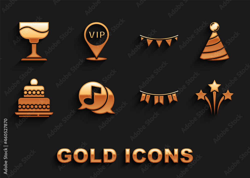 Set Musical note in speech bubble, Party hat, Firework, Carnival garland with flags, Cake, Cocktail and Location Vip icon. Vector