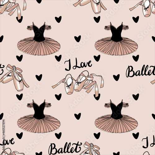 vector seamless pattern with the image of a tutu, pointe shoes