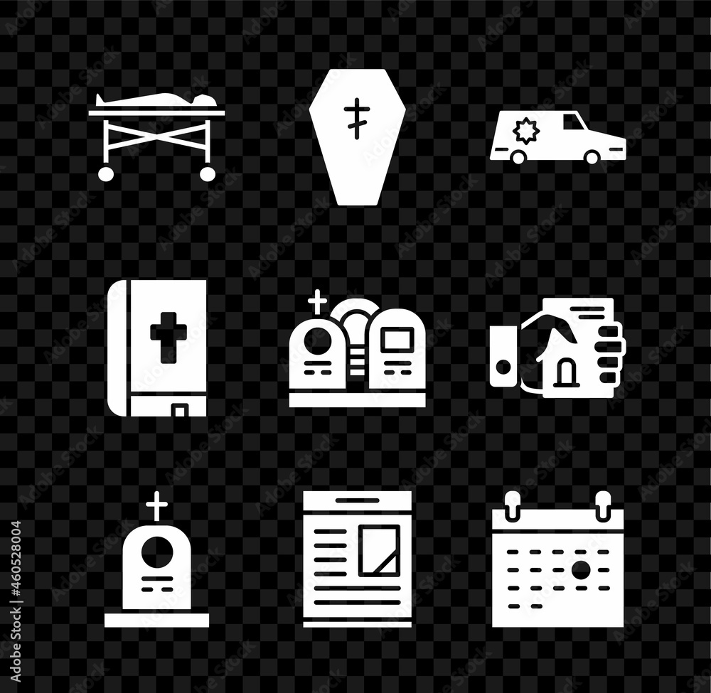 Set Dead body in the Coffin with cross, Hearse car, Grave