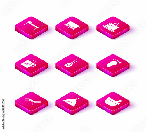 Set Sunbed and umbrella, Sauna hat, Cup of tea leaf, Aroma diffuser, Mortar pestle, Foot massage, candle and Towel on hanger icon. Vector