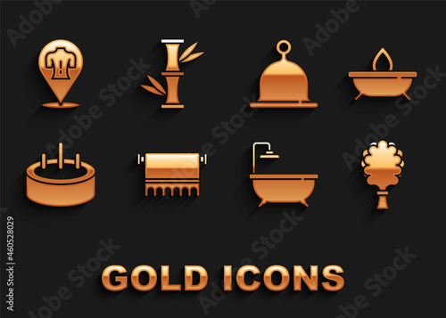 Set Towel on hanger, Aroma candle, Sauna broom, Bathtub, Swimming pool with ladder, hat, Massage and Bamboo icon. Vector