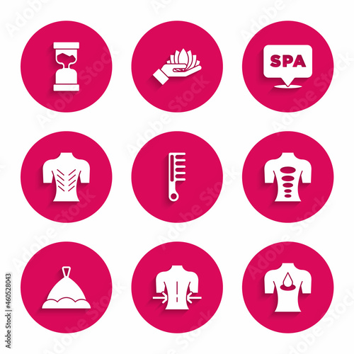 Set Hairbrush, Massage, with aroma oils, stone therapy, Sauna hat, Spa salon and Old hourglass icon. Vector