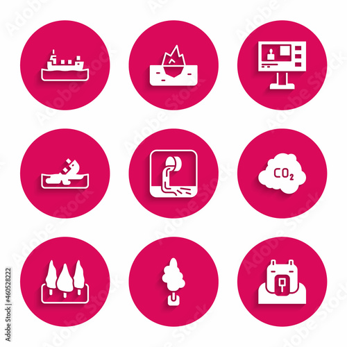 Set Wastewater, Tree, Polar bear head, CO2 emissions in cloud, Forest, Wrecked oil tanker ship, Television report and Oil icon. Vector