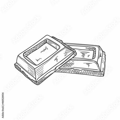 Drawing, engraving, ink, line art, vector illustration chocolate bar double pieces sketch in silhouette on a white background.