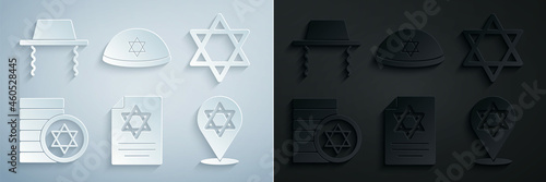 Set Torah scroll, Star of David, Jewish coin, kippah and Orthodox jewish hat icon. Vector