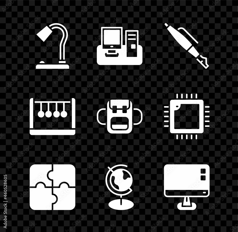Set Table lamp, Monitor with keyboard, Fountain pen nib, Piece of puzzle, Earth globe, Computer monitor screen, Pendulum and School backpack icon. Vector Set Table lamp, Monitor with keyboard, Fountain pen nib, Piece of puzzle, Earth globe, Computer monitor screen, Pendulum and School backpack icon. Vector