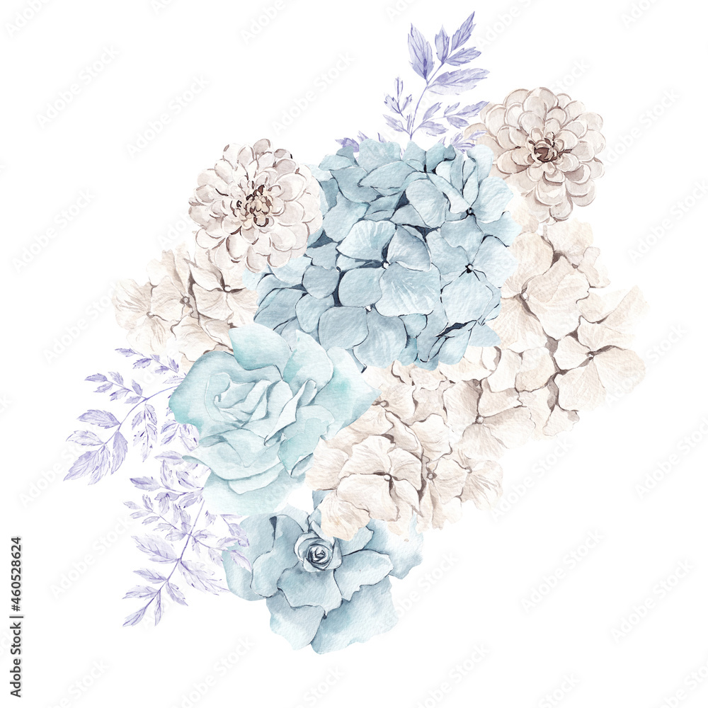 Watercolor illustration with winter pastel flowers, isolated on white background Watercolor illustration with winter pastel flowers, isolated on white background