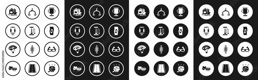 Set Award cup with bicycle, Bicycle air pump, Mobile holder, Gloves, Plaster on leg, brake calipers, Sport cycling sunglasses and helmet icon. Vector Set Award cup with bicycle, Bicycle air pump, Mobile holder, Gloves, Plaster on leg, brake calipers, Sport cycling sunglasses and helmet icon. Vector
