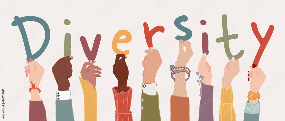 Raised arms of a group of diverse multi-ethnic multicultural people holding the letters forming the word -Diversity- in their hands. Racial equality concept. Variety of people. Banner Raised arms of a group of diverse multi-ethnic multicultural people holding the letters forming the word -Diversity- in their hands. Racial equality concept. Variety of people. Banner