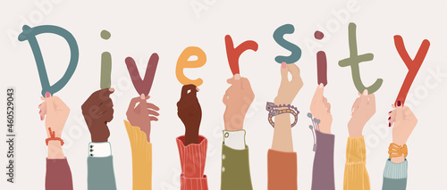 Raised arms of a group of diverse multi-ethnic multicultural people holding the letters forming the word -Diversity- in their hands. Racial equality concept. Variety of people. Banner