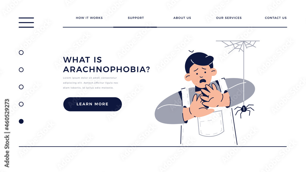 Fear of Spiders, Arachnophobia web template. Scared Child Character is