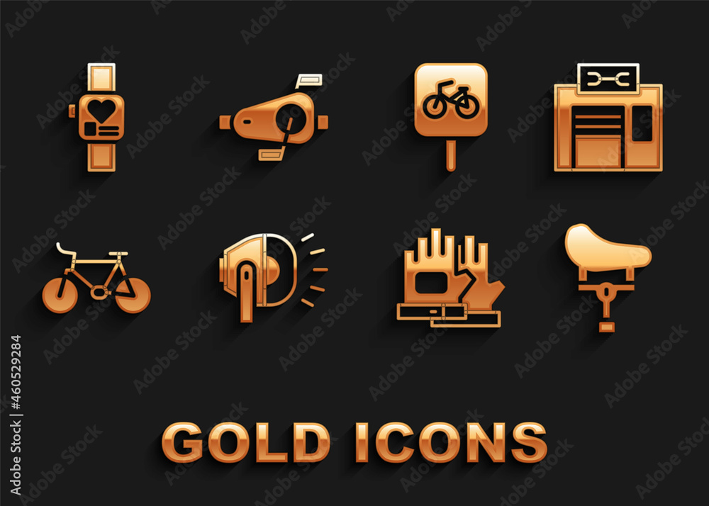 Set Bicycle head lamp, repair service, seat, Gloves, parking, Smart watch and pedals icon. Vector Set Bicycle head lamp, repair service, seat, Gloves, parking, Smart watch and pedals icon. Vector