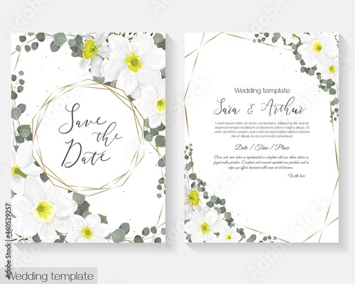Floral template for your wedding. Beautiful white daffodils, green plants and leaves, Gold polygonal frame. Greeting card for your text.