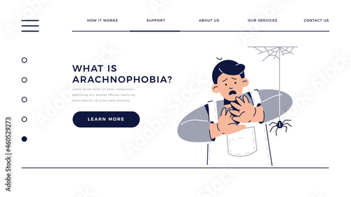Fear of Spiders, Arachnophobia web template. Scared Child Character is afraid of spider. Phobia, Childhood Irrational Fear, Anxiety Disorder, Scared Face emotion for homepage.Flat vector illustration