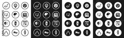 Set Bicycle sprocket crank, helmet, frame, pedal, repair service, Location with bicycle, rental mobile app and head lamp icon. Vector